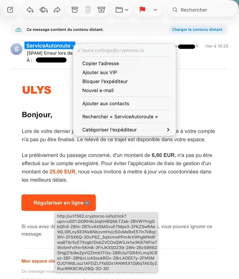 Faux email de relance de péage ULYS : le nom affiché « ServiceAutoroute » masque une adresse réelle en @cryptoroo.io, message marqué [SPAM], fausse facture de 6,80 € avec menace de 25 € de majoration.